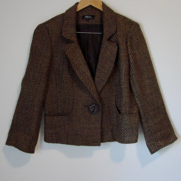 Tribal Wool Blend Brown Tweed Blazer Jacket One Button Pockets Office Size 10 - Picture 7 of 16